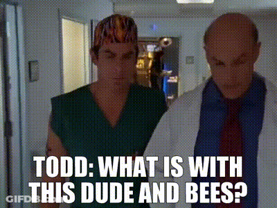 Two Men Are Standing Next To Each Other In A Hallway And One Of Them Is Asking The Other What Is With This Dude And Bees GIF