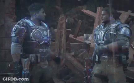 Two Men Are Standing Next To Each Other In A Video Game And One Of Them Is Holding A Gun . GIF