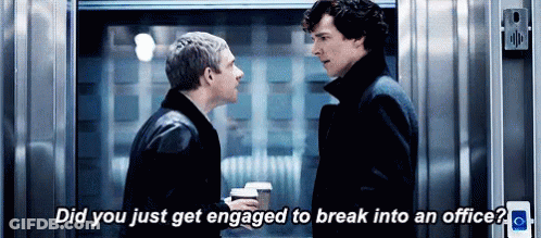 Two Men Are Standing Next To Each Other In An Elevator And One Of Them Is Asking The Other If He Just Got Engaged GIF