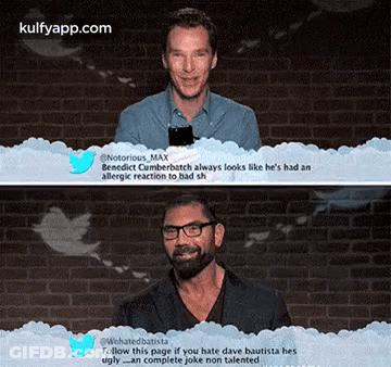 Two Men Are Standing Next To Each Other In Front Of A Brick Wall And A Twitter Page That Says Kulfyapp.com GIF