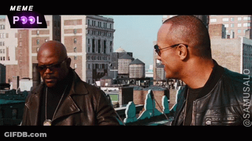 Two Men Are Standing Next To Each Other In Front Of A City And The Words Meme Pool Are On The Bottom GIF