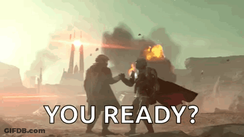Two Men Are Standing Next To Each Other In Front Of A Large Explosion And The Words `` You Ready '' . GIF