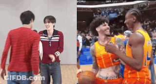 Two Men Are Standing Next To Each Other On A Basketball Court And One Of Them Is Wearing A Crop Top GIF