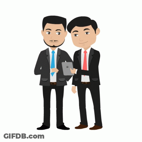 Two Men Standing Next To Each Other One Holding Tablet GIF