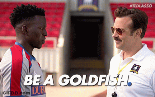 Two Men Are Standing Next To Each Other With The Words Be A Goldfish On The Bottom GIF
