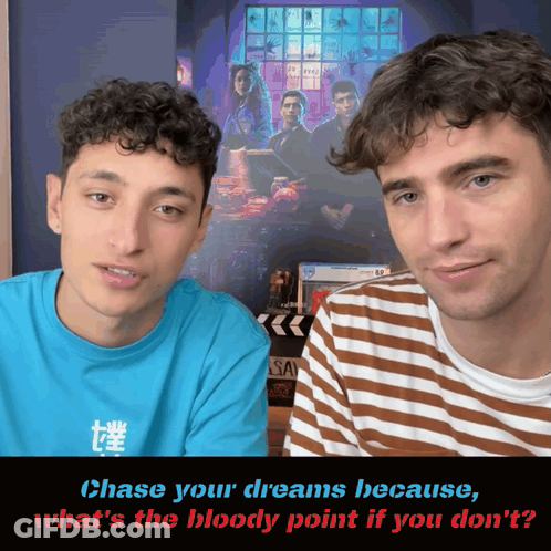 Two Men Are Standing Next To Each Other With The Words Chase Your Dreams Because GIF