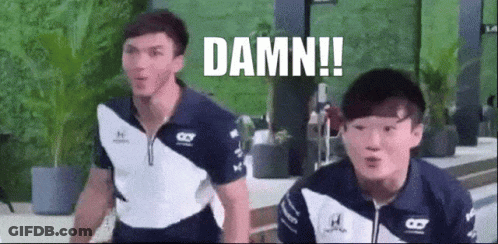Two Men Are Standing Next To Each Other With The Words `` Damn '' Written On The Screen . GIF