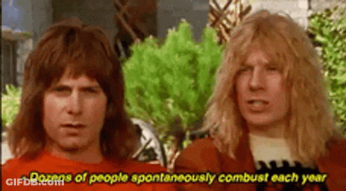 Two Men Are Standing Next To Each Other With The Words Dozens Of People Spontaneously Combust Each Year GIF