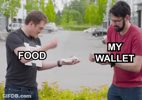 Two Men Are Standing Next To Each Other With The Words Food And My Wallet Written On Their Shirts GIF