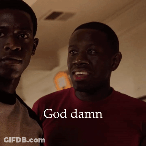 Two Men Are Standing Next To Each Other With The Words God Damn On The Bottom GIF
