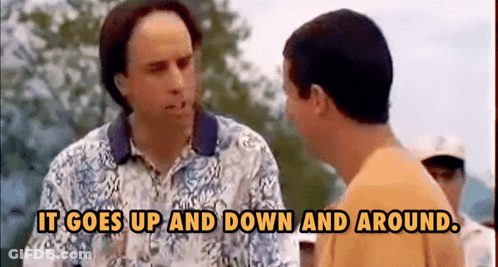 Two Men Are Standing Next To Each Other With The Words " It Goes Up And Down And Around " Above Them . GIF