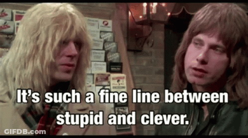 Two Men Are Standing Next To Each Other With The Words It 'S Such A Fine Line Between Stupid And Clever GIF