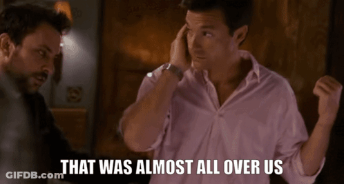 Two Men Are Standing Next To Each Other With The Words That Was Almost All Over Us On The Bottom GIF