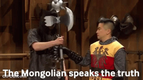Two Men Are Standing Next To Each Other With The Words The Mongolian Speaks The Truth Behind Them . GIF