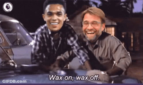 Two Men Are Standing Next To Each Other With The Words Wax On Wax Off On The Bottom GIF