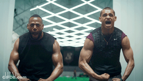 Two Men Are Standing Next To Each Other With Their Mouths Open And The Word Him Is On The Bottom Right GIF
