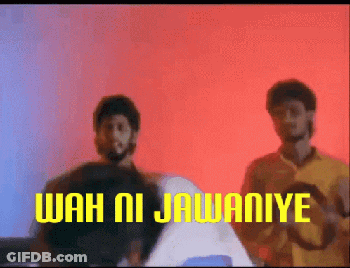 Two Men Are Standing Next To Each Other With Wah Ni Jawaniye Written In Yellow Letters GIF