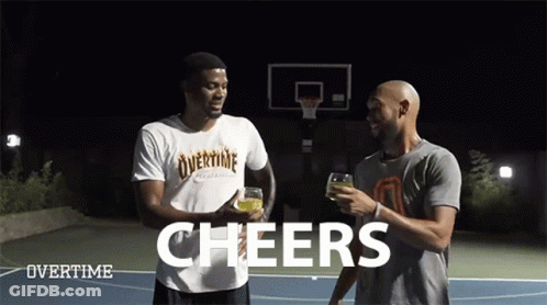 Two Men Are Standing On A Basketball Court With The Words Cheers Above Them GIF