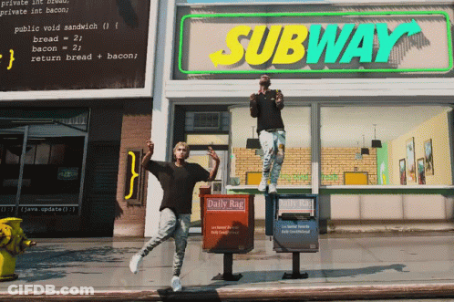 Two Men Are Standing Outside Of A Subway Restaurant GIF