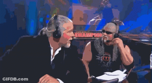Two Men Are Talking In Front Of A Sign That Says S Champ GIF