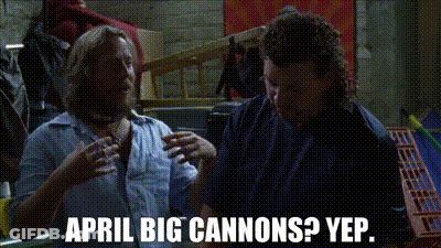 Two Men Are Talking To Each Other In A Dark Room And The Words April Big Cannons Yep Are Written On The Screen . GIF