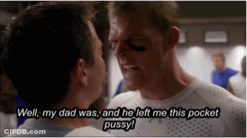 Two Men Are Talking To Each Other In A Locker Room And One Of Them Says Well My Dad Was And He Left Me This Pocket Pussy GIF