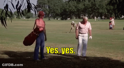 Two Men Are Walking On A Golf Course And One Of Them Says Yes Yes . GIF