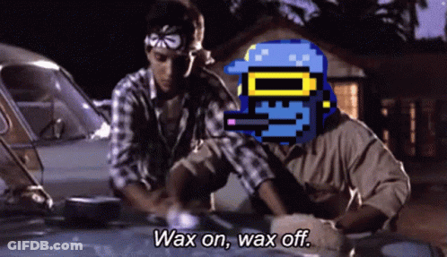 Two Men Are Waxing A Car With The Words Wax On Wax Off Below Them GIF