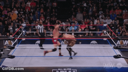 Two Men Are Wrestling In A Ring That Says Aew On The Side GIF