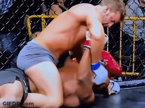 Two Men Are Wrestling In A Ring With A Crowd Watching . GIF
