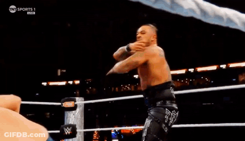Two Men Are Wrestling In A Ring With A Crowd Watching . One Of The Men Is Pointing At The Camera . GIF