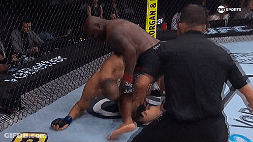 Two Men Are Wrestling In A Ring With A Yellow Sign That Says Morgan & Organ GIF