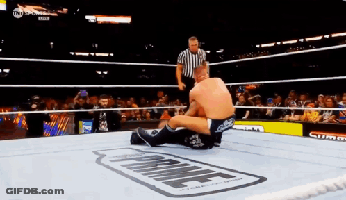 Two Men Are Wrestling In A Ring With The Word Prime On The Floor . GIF