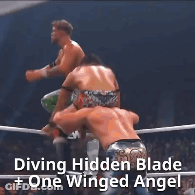 Two Men Are Wrestling In A Ring With The Words Diving Hidden Blade + One Winged Angel GIF