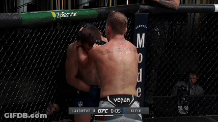 Two Men Are Wrestling In A UFC Ring With A Howler Head Sign In The Background GIF