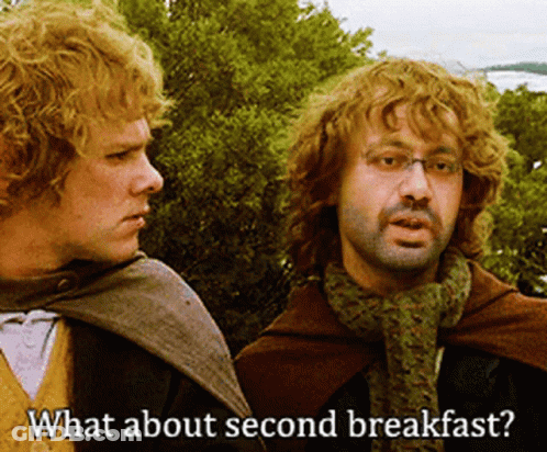 Two Men Asking About Second Breakfast GIF