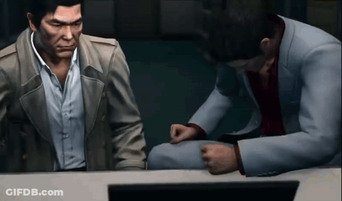 Two Men At Table In Video Game One Kneeling GIF
