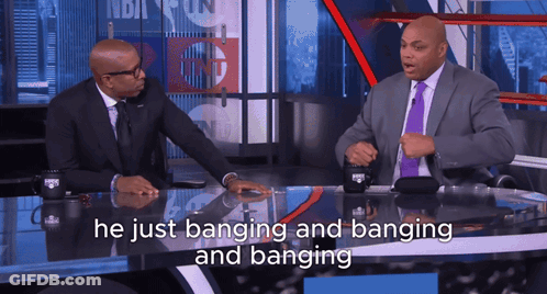 Two Men At Table Saying He Just Banging And Banging GIF