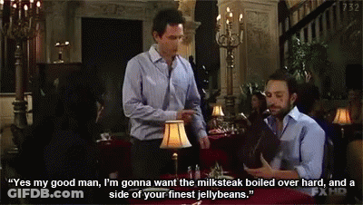 Two Men At Table Saying Yes My Good Man I'm Gonna Want The Milksteak Boiled Over Hard GIF