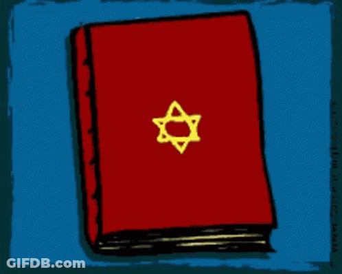 Two Men Blowing Horns In Front Of Book Saying Yom Kippur GIF