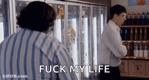 Two Men By Refrigerator Saying Fuck My Life GIF