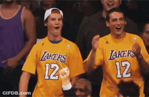 Two Men Cheering In Lakers Shirts GIF