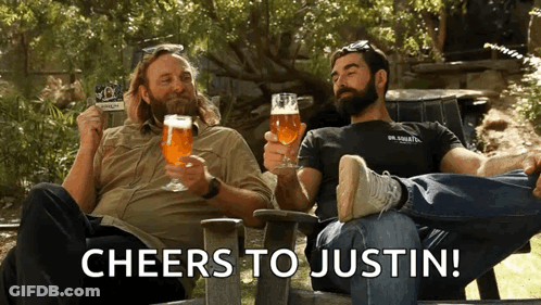 Two Men Cheers To Justin Holding Beer GIF