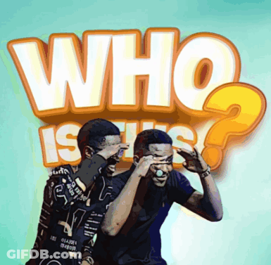 Two Men Covering Faces In Front Of Sign Saying Who Is This GIF