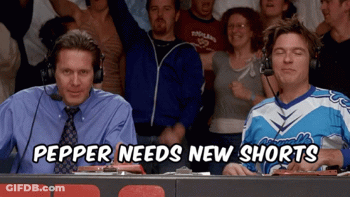 Two Men Crowd Saying Pepper Needs New Shorts GIF