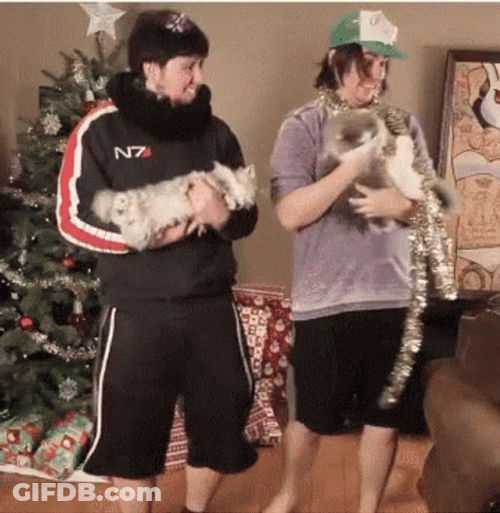 Two Men Dance Carrying Cats GIF