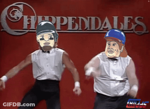 Two Men Dancing In Front Of Chippendales Sign GIF