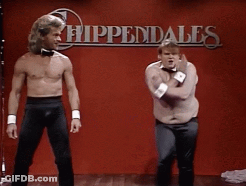 Two Men Dancing In Front Of Hippendales Sign GIF