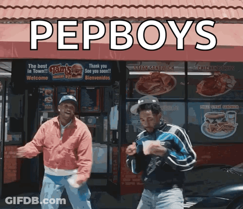 Two Men Dancing In Front Of Pep Boys GIF