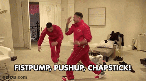 Two Men Dancing With Fistpump Pushup Chapstick GIF